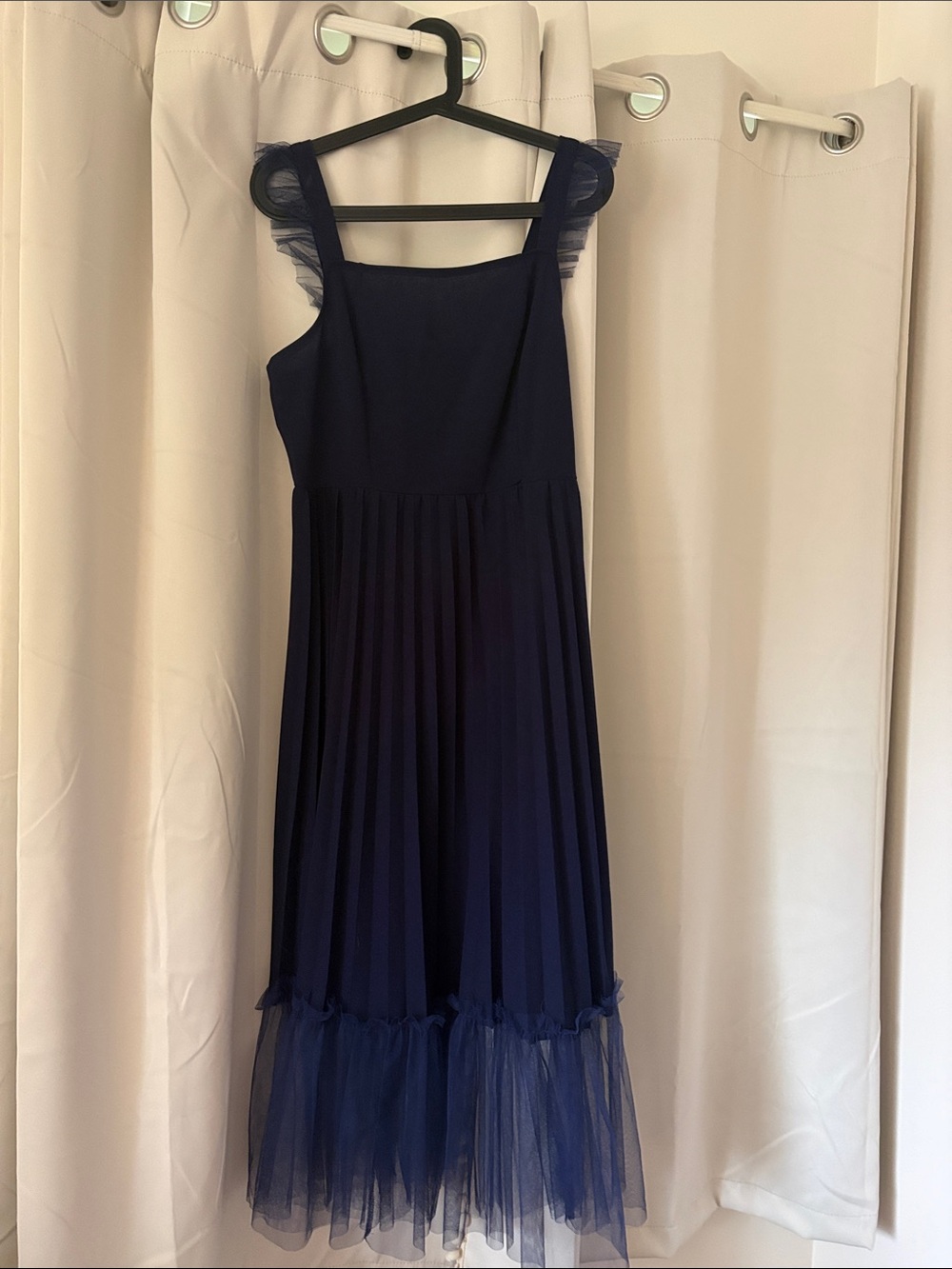 Navy Blue Pleated Tulle Midi Dress